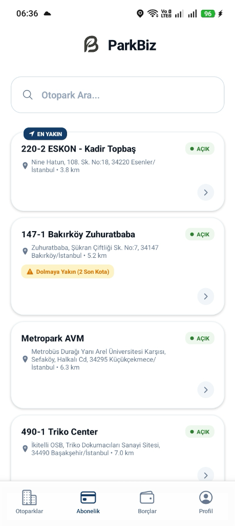 ParkBiz Otopark Kontenjan Listesi